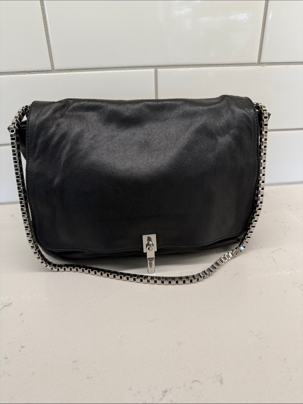 Elizabeth and James Black Leather Shoulder Bag with Silver Chain Strap